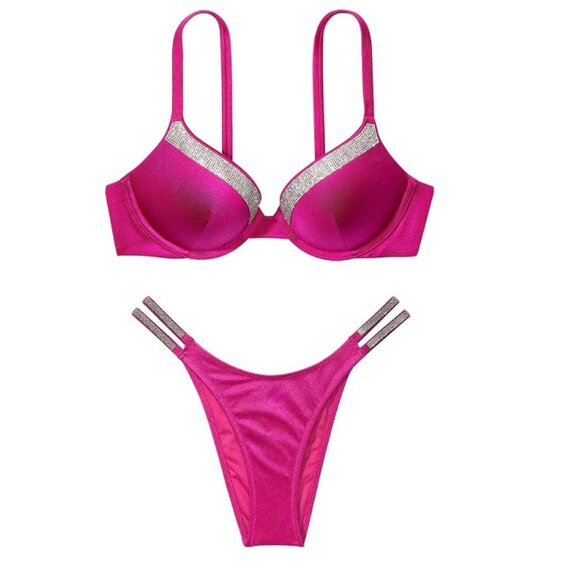 32C/S VICTORIA SECRET SWIM Shine Strap Push Up Top Bikini Set Brazilian Bottom - Picture 2 of 14